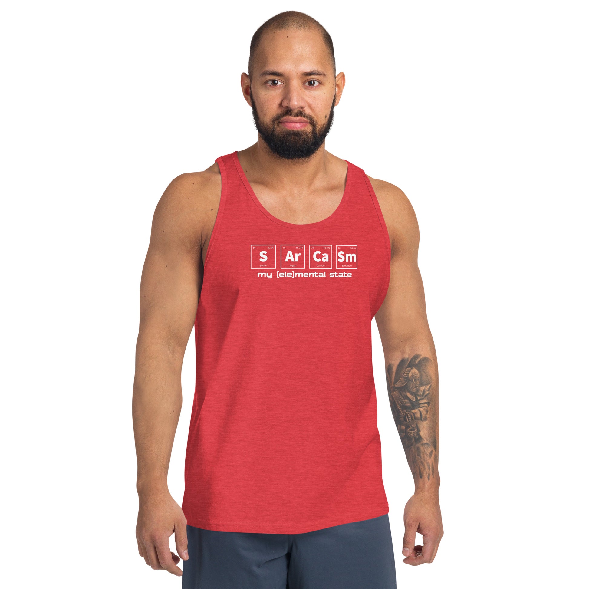 Model wearing Red Triblend unisex tank top with graphic of periodic table of elements symbols for Sulfur (S), Argon (Ar), Calcium (Ca), and Samarium (Sm) and text "my (ele)mental state"