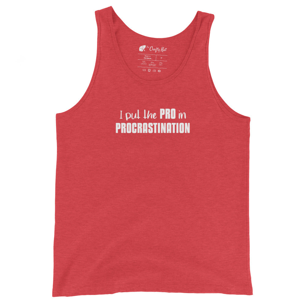 Red Tri-Blend unisex tank top with text graphic: "I put the PRO in PROCRASTINATION"