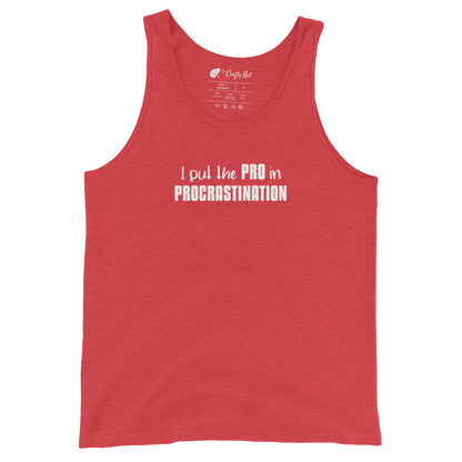 Red Tri-Blend unisex tank top with text graphic: "I put the PRO in PROCRASTINATION"