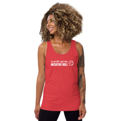 Female model wearing Red Tri-Blend unisex tank top with a graphic of a d20 (twenty-sided die) showing a roll of "1" and text: "I'm not LATE, I got a low INITIATIVE ROLL"
