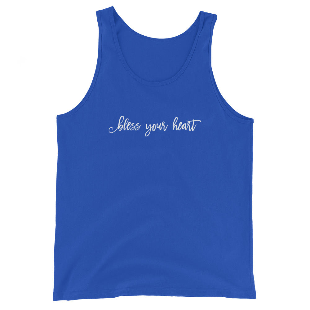 True Royal blue tank top with white graphic in an excessively twee font: "bless your heart"