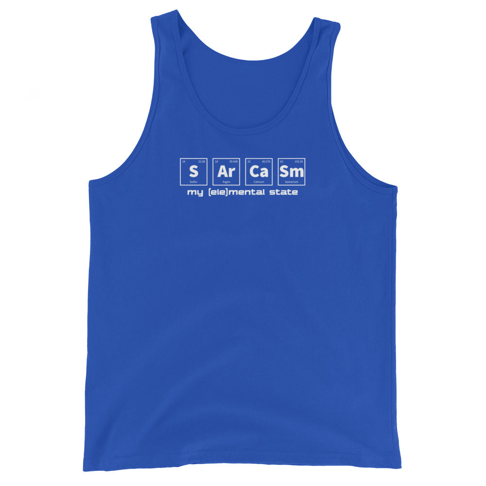 True Royal blue unisex tank top with graphic of periodic table of elements symbols for Sulfur (S), Argon (Ar), Calcium (Ca), and Samarium (Sm) and text "my (ele)mental state"