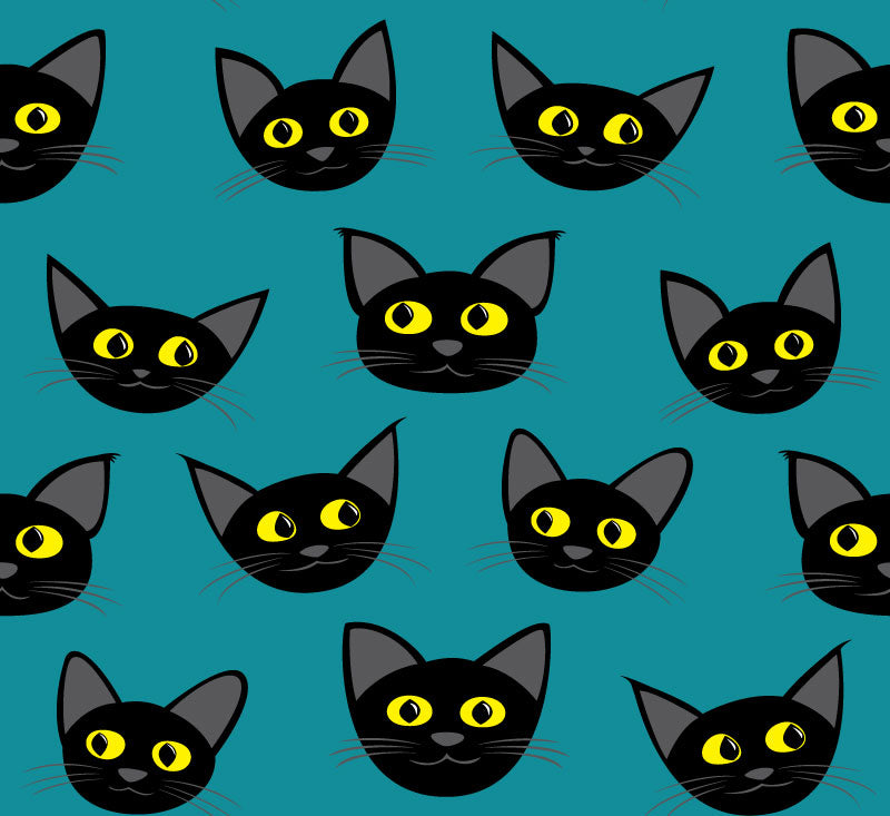 A pattern of multiple silly black cat faces