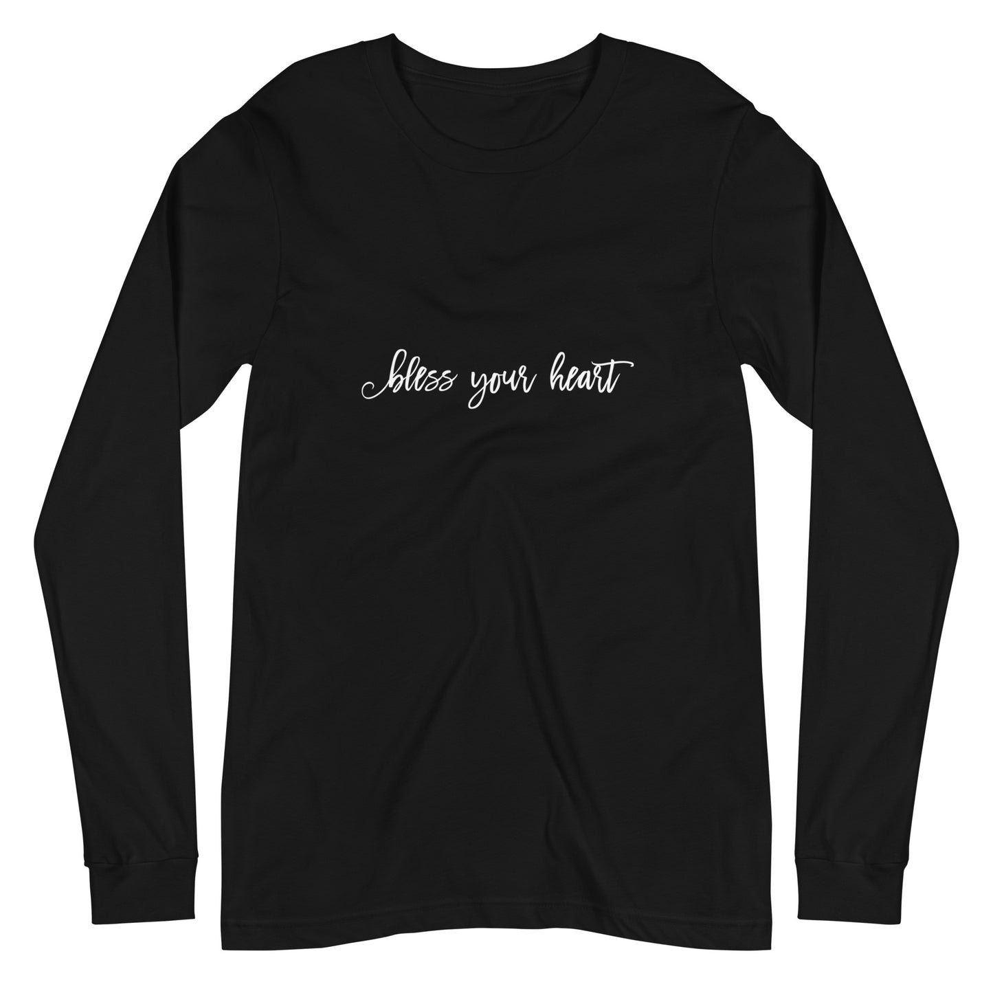 Black long-sleeve t-shirt with white graphic in an excessively twee font: "bless your heart"