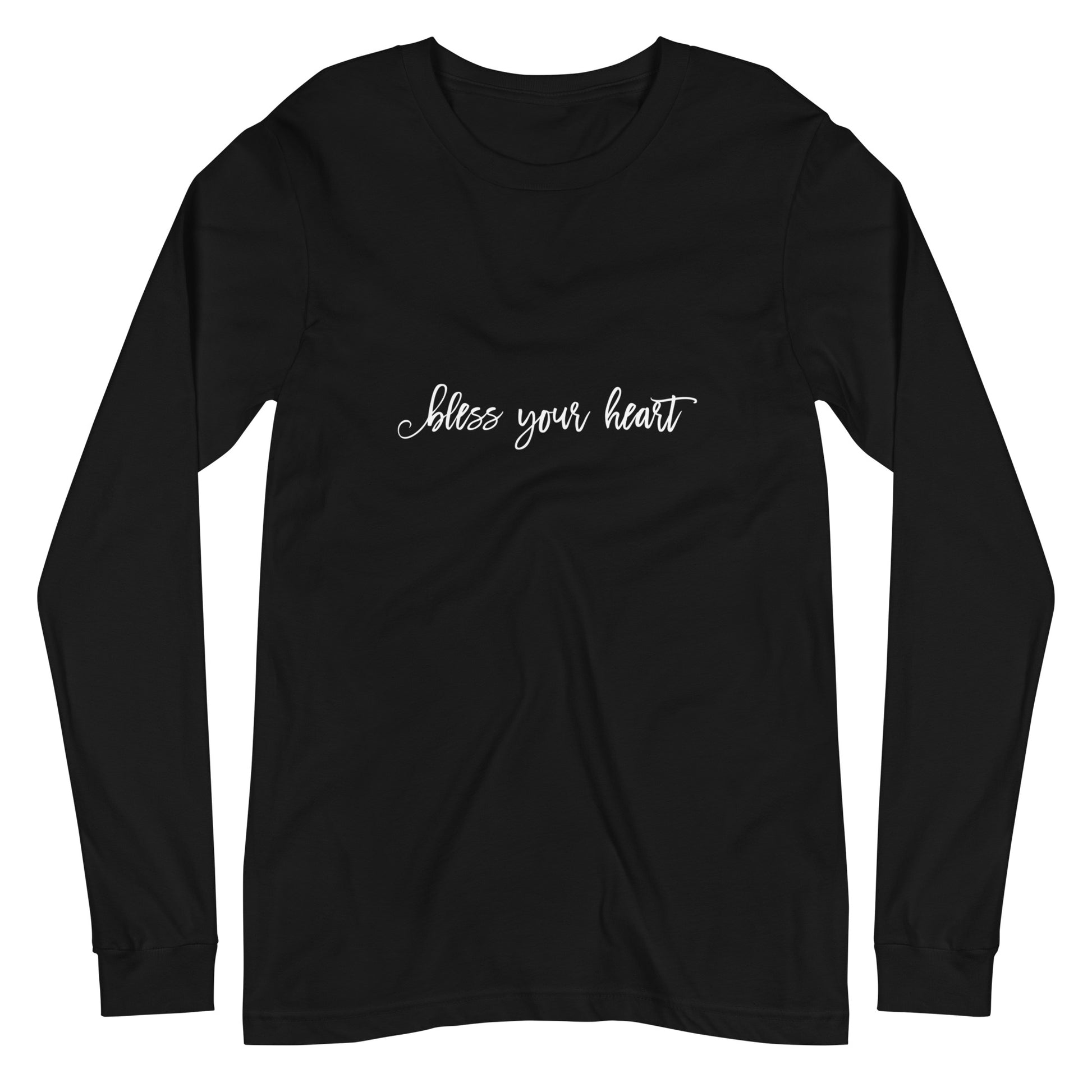 Black long-sleeve t-shirt with white graphic in an excessively twee font: "bless your heart"