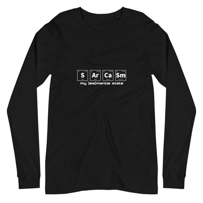 Black long sleeve t-shirt with graphic of periodic table of elements symbols for Sulfur (S), Argon (Ar), Calcium (Ca), and Samarium (Sm) and text "my (ele)mental state"