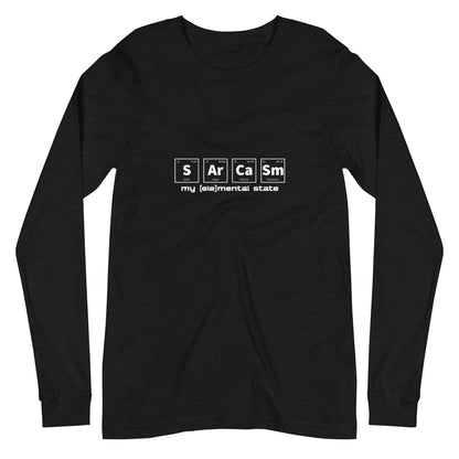 Black Heather long sleeve t-shirt with graphic of periodic table of elements symbols for Sulfur (S), Argon (Ar), Calcium (Ca), and Samarium (Sm) and text "my (ele)mental state"