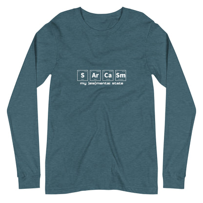 Heather Deep Teal long sleeve t-shirt with graphic of periodic table of elements symbols for Sulfur (S), Argon (Ar), Calcium (Ca), and Samarium (Sm) and text "my (ele)mental state"