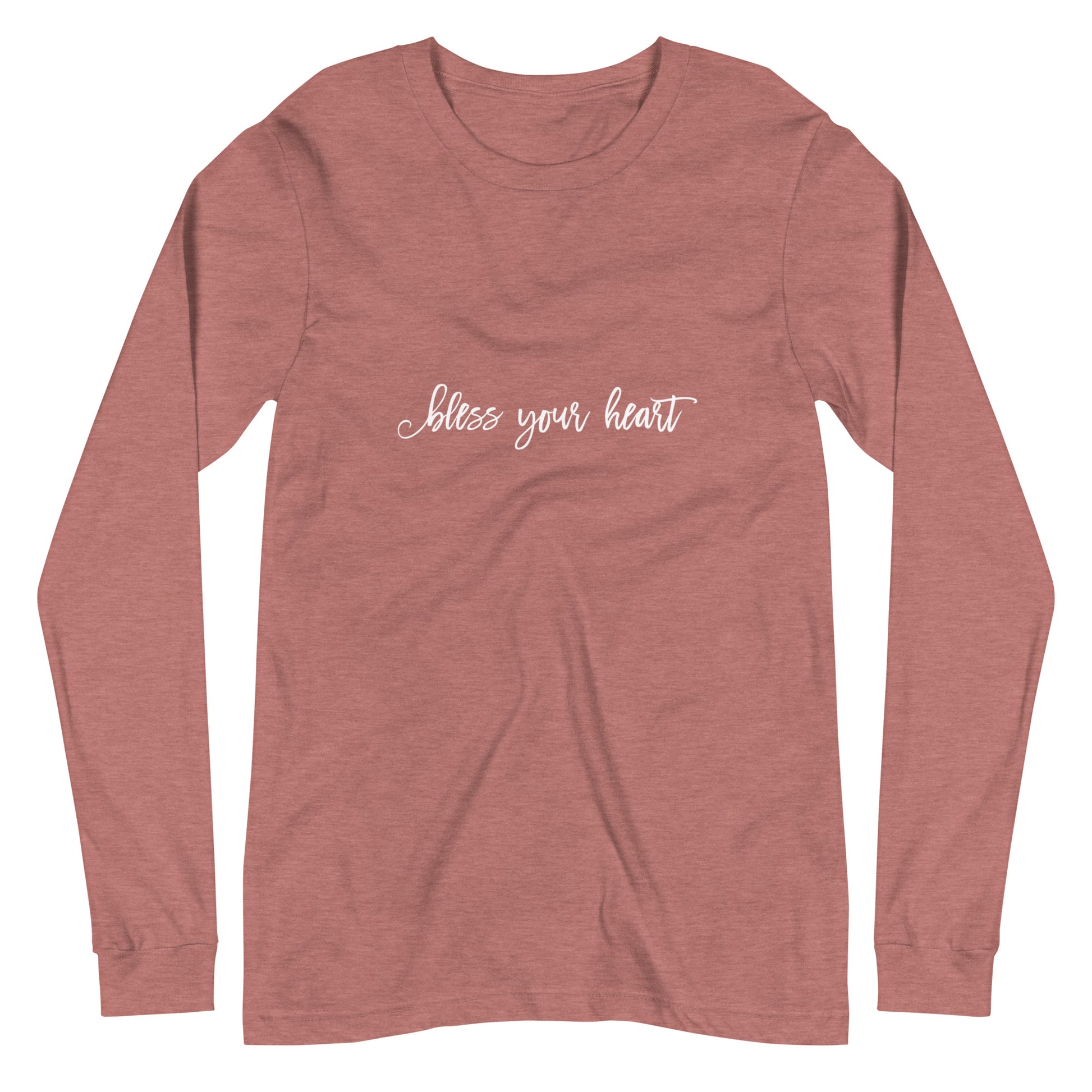 Heather Mauve Dark Grey Heather long-sleeve t-shirt with white graphic in an excessively twee font: "bless your heart"