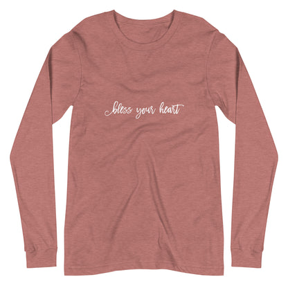 Heather Mauve Dark Grey Heather long-sleeve t-shirt with white graphic in an excessively twee font: "bless your heart"