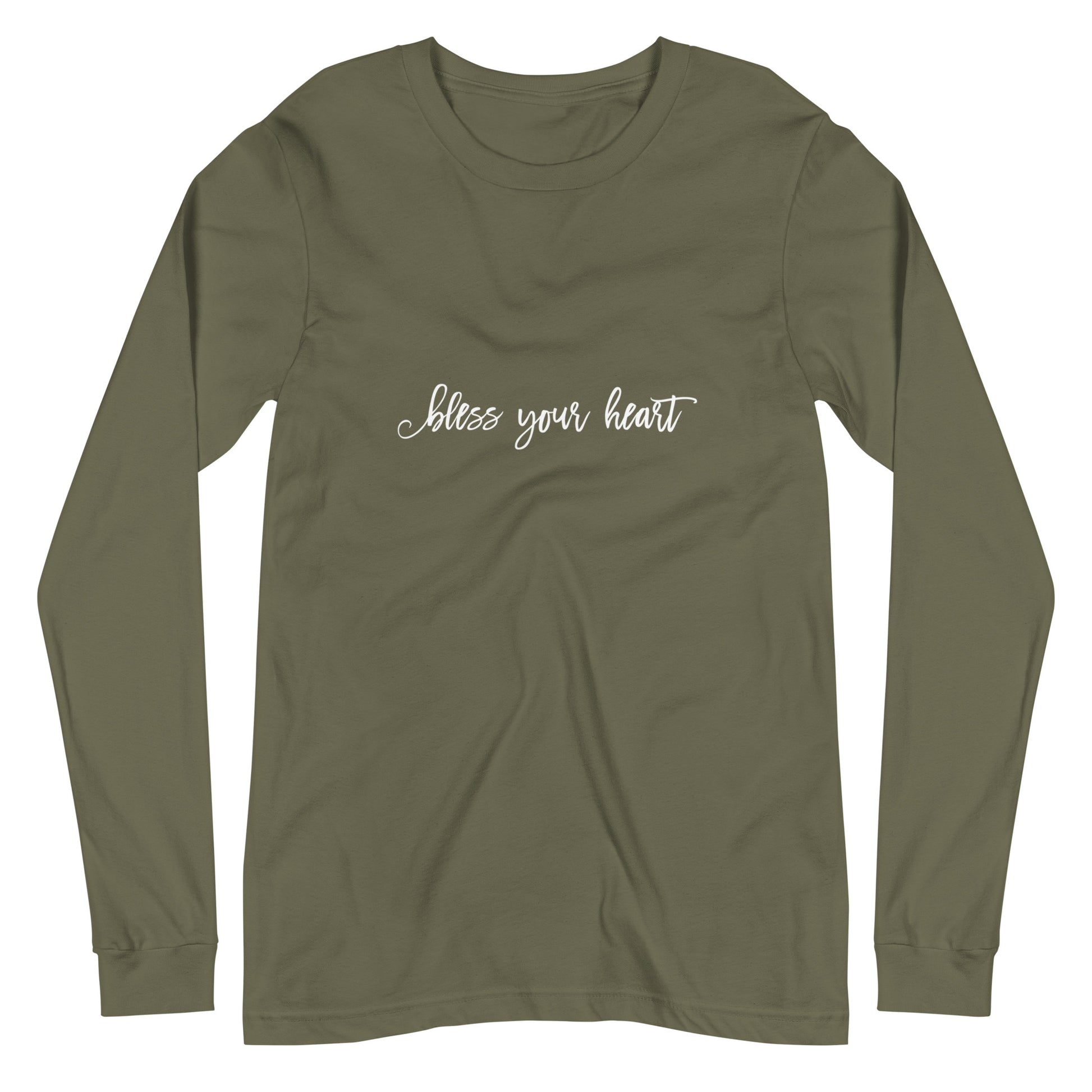 Military Green (olive tan) Dark Grey Heather long-sleeve t-shirt with white graphic in an excessively twee font: "bless your heart"