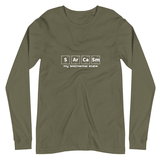 Military Green (olive) long sleeve t-shirt with graphic of periodic table of elements symbols for Sulfur (S), Argon (Ar), Calcium (Ca), and Samarium (Sm) and text "my (ele)mental state"