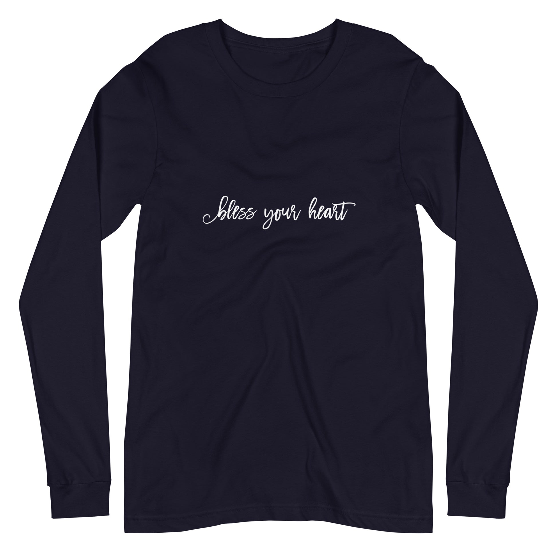 Navy long-sleeve t-shirt with white graphic in an excessively twee font: "bless your heart"
