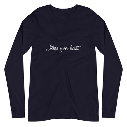 Navy long-sleeve t-shirt with white graphic in an excessively twee font: "bless your heart"