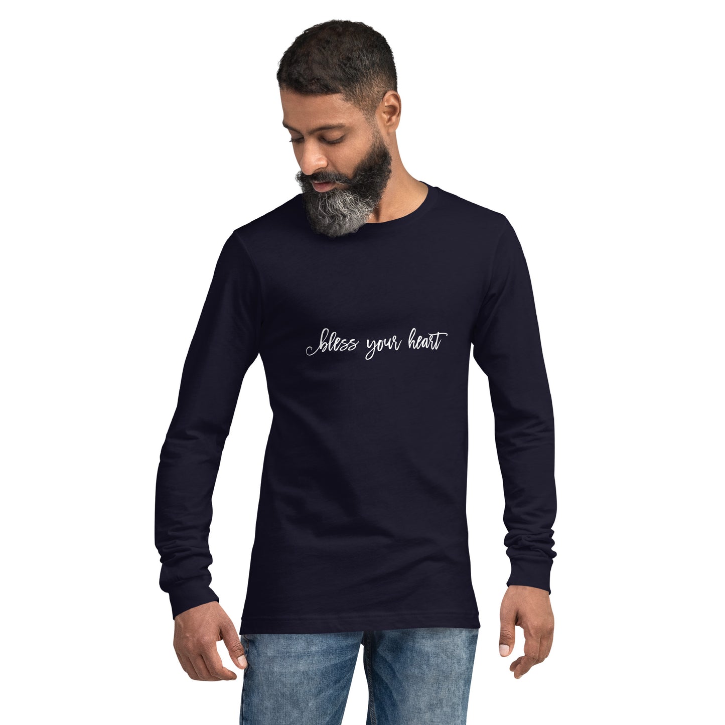 Model wearing Navy long-sleeve t-shirt with white graphic in an excessively twee font: "bless your heart"