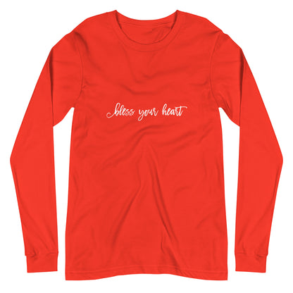 Poppy (bright red) Dark Grey Heather long-sleeve t-shirt with white graphic in an excessively twee font: "bless your heart"