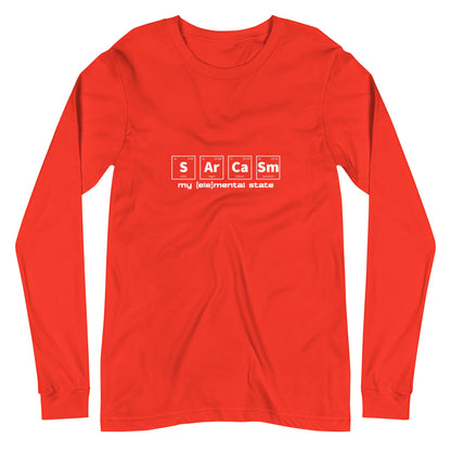 Poppy (bright red) long sleeve t-shirt with graphic of periodic table of elements symbols for Sulfur (S), Argon (Ar), Calcium (Ca), and Samarium (Sm) and text "my (ele)mental state"