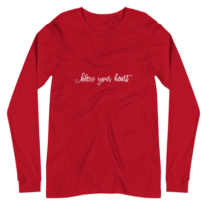 Red long-sleeve t-shirt with white graphic in an excessively twee font: "bless your heart"