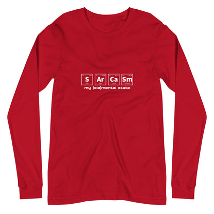 Red long sleeve t-shirt with graphic of periodic table of elements symbols for Sulfur (S), Argon (Ar), Calcium (Ca), and Samarium (Sm) and text "my (ele)mental state"