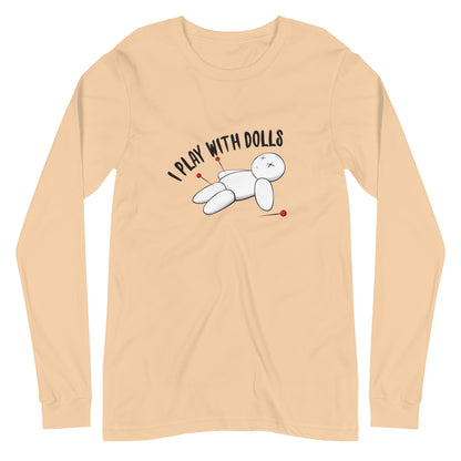 Sand Dune (pale yellow) long-sleeved t-shirt with graphic of white voodoo doll with Xs for eyes stuck with several pins and text "I PLAY WITH DOLLS"