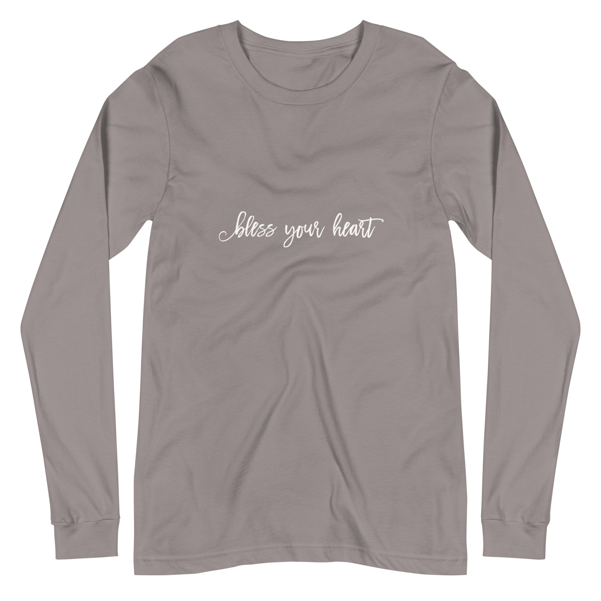 Storm grey Dark Grey Heather long-sleeve t-shirt with white graphic in an excessively twee font: "bless your heart"