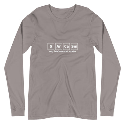 Storm grey long sleeve t-shirt with graphic of periodic table of elements symbols for Sulfur (S), Argon (Ar), Calcium (Ca), and Samarium (Sm) and text "my (ele)mental state"