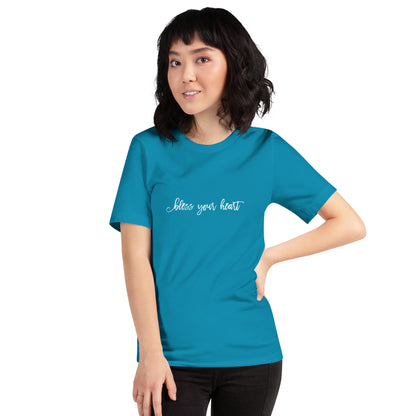 Model wearing an Aqua t-shirt with white graphic in an excessively twee font: "bless your heart"
