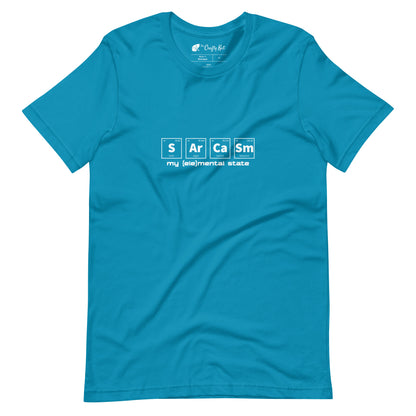 Aqua (cyan) t-shirt with graphic of periodic table of elements symbols for Sulfur (S), Argon (Ar), Calcium (Ca), and Samarium (Sm) and text "my (ele)mental state"