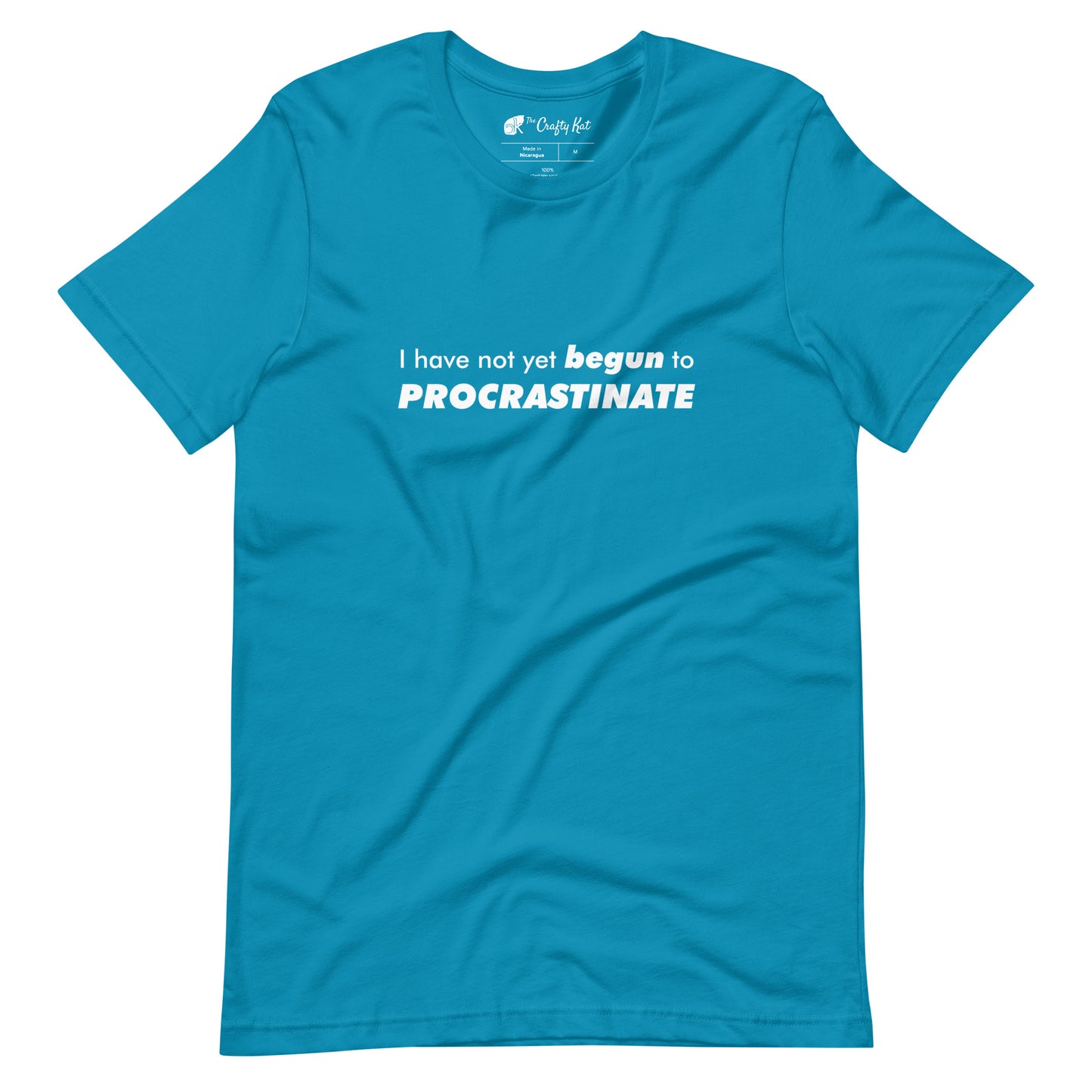 Aqua (sky blue) t-shirt with text graphic: "I have not yet BEGUN to PROCRASTINATE"