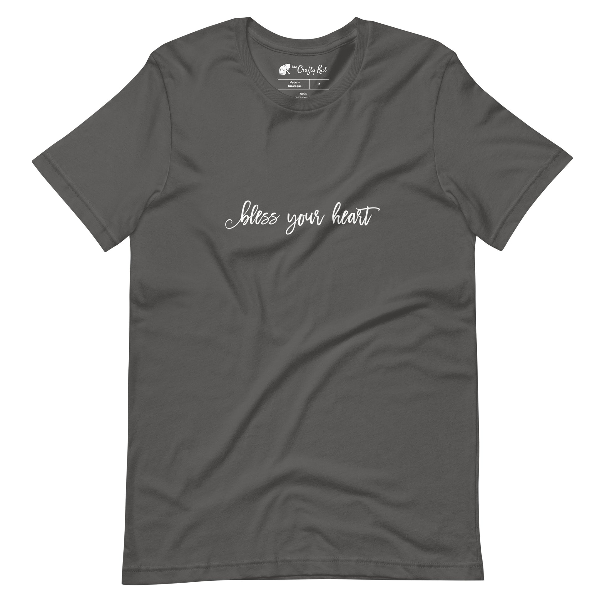 Asphalt grey t-shirt with white graphic in an excessively twee font: "bless your heart"