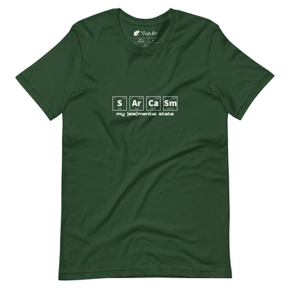Forest green t-shirt with graphic of periodic table of elements symbols for Sulfur (S), Argon (Ar), Calcium (Ca), and Samarium (Sm) and text "my (ele)mental state"