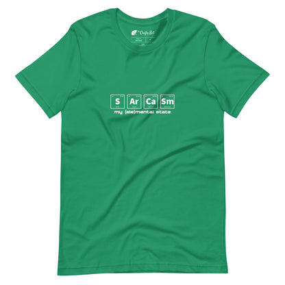 Kelly green t-shirt with graphic of periodic table of elements symbols for Sulfur (S), Argon (Ar), Calcium (Ca), and Samarium (Sm) and text "my (ele)mental state"
