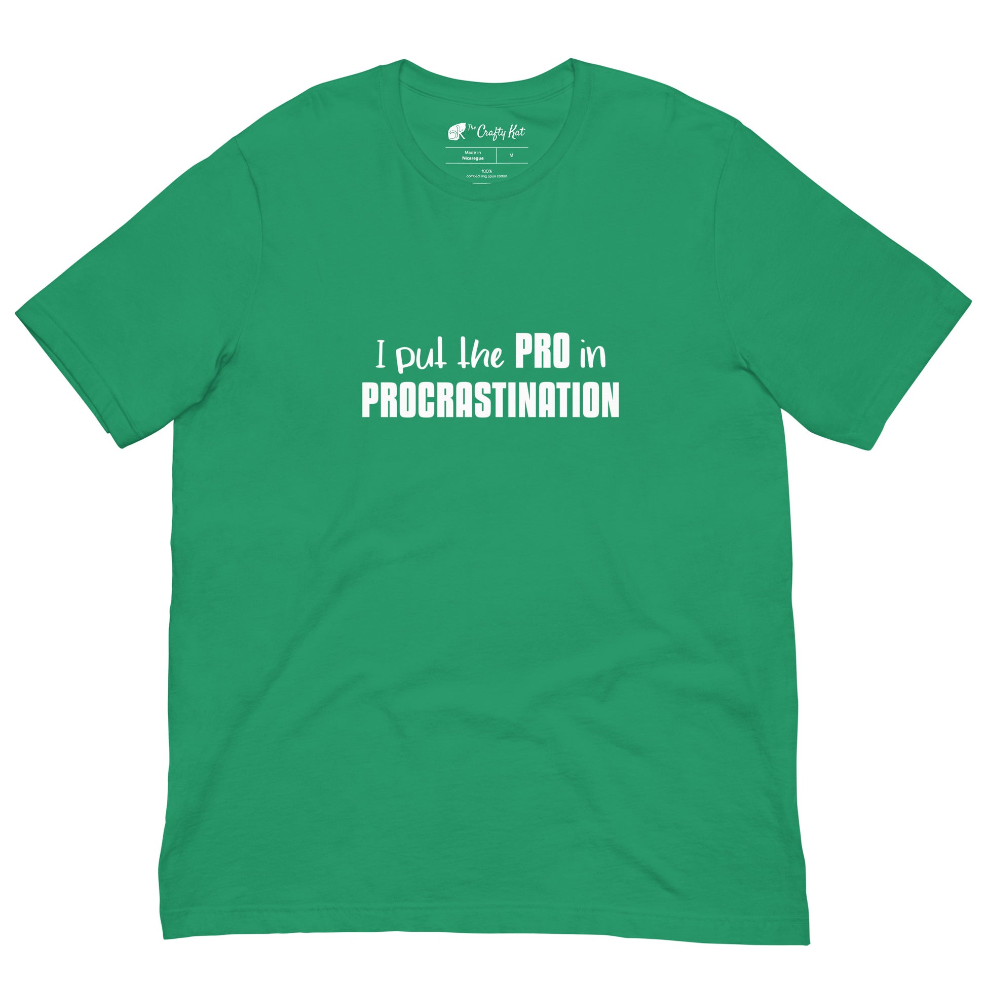 Kelly green unisex t-shirt with text graphic: "I put the PRO in PROCRASTINATION"