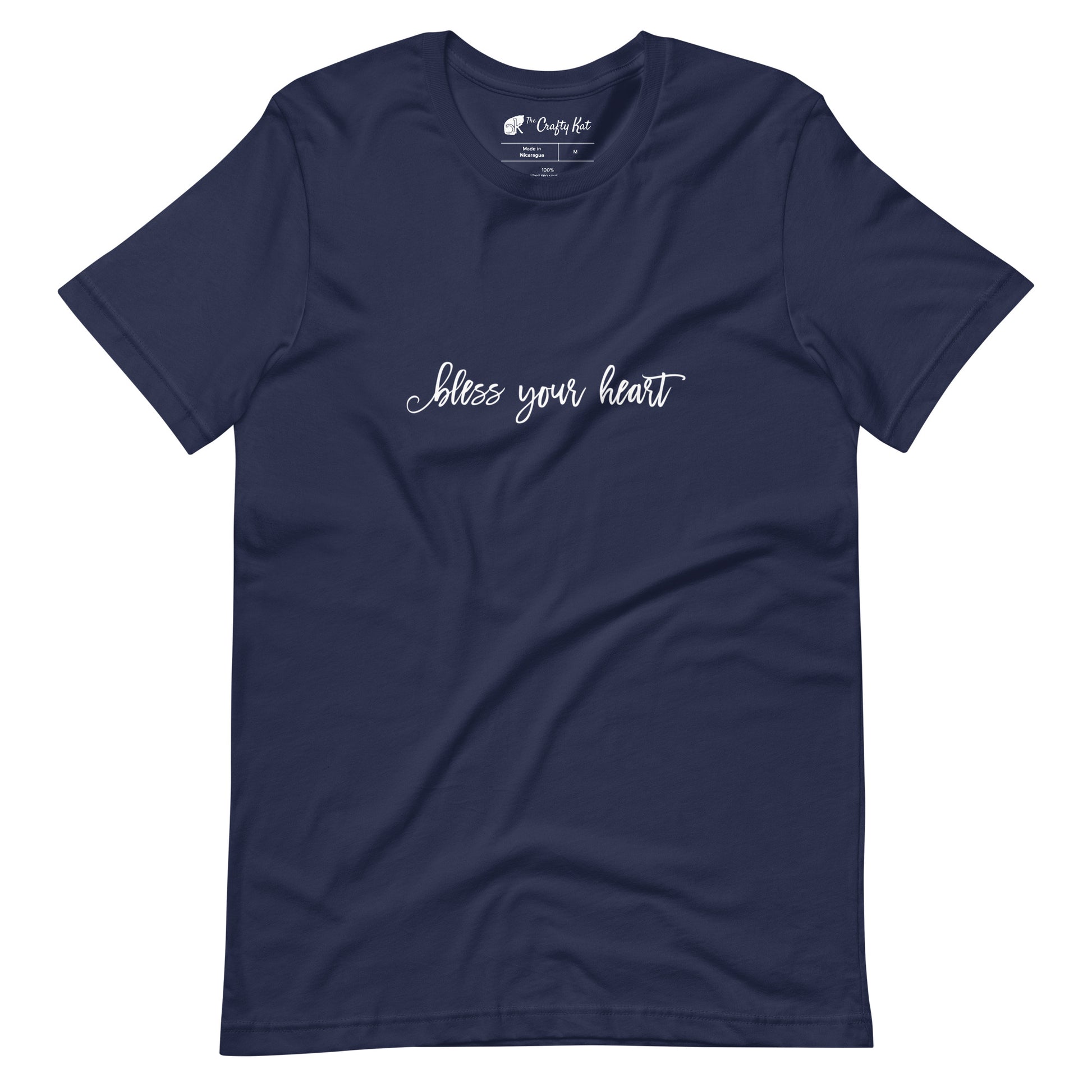 Navy t-shirt with white graphic in an excessively twee font: "bless your heart"