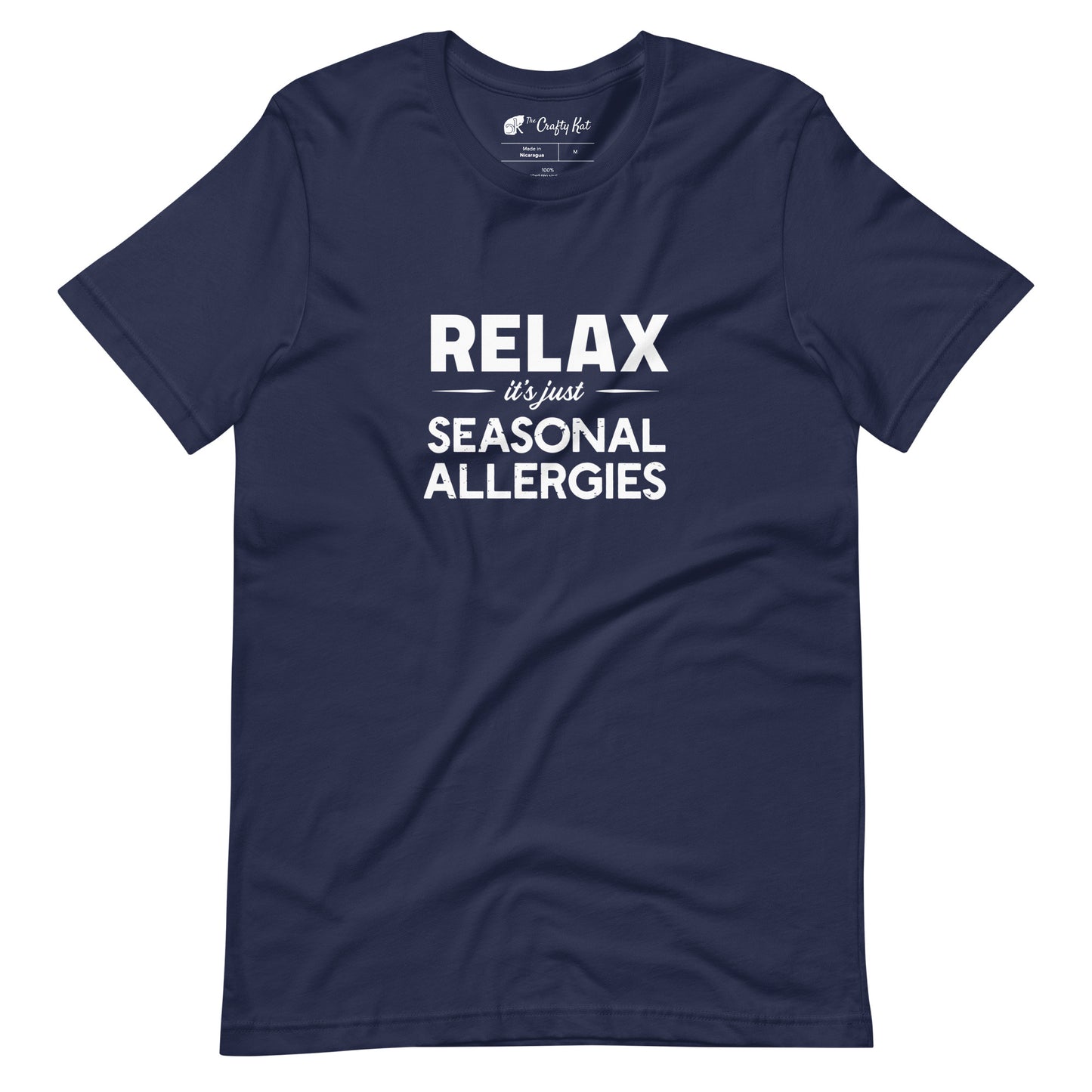 Navy t-shirt with white graphic: "RELAX it's just SEASONAL ALLERGIES"