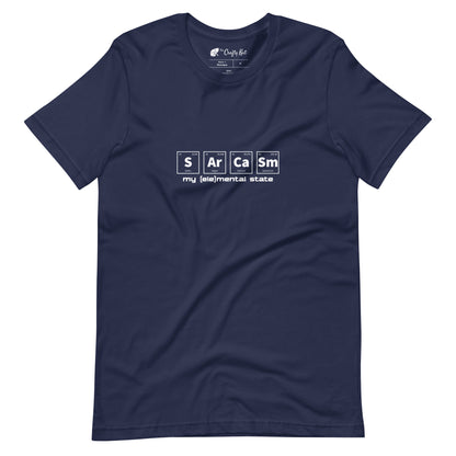 Navy t-shirt with graphic of periodic table of elements symbols for Sulfur (S), Argon (Ar), Calcium (Ca), and Samarium (Sm) and text "my (ele)mental state"