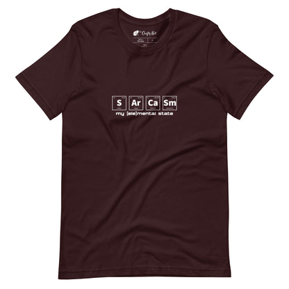 Oxblood Black t-shirt with graphic of periodic table of elements symbols for Sulfur (S), Argon (Ar), Calcium (Ca), and Samarium (Sm) and text "my (ele)mental state"