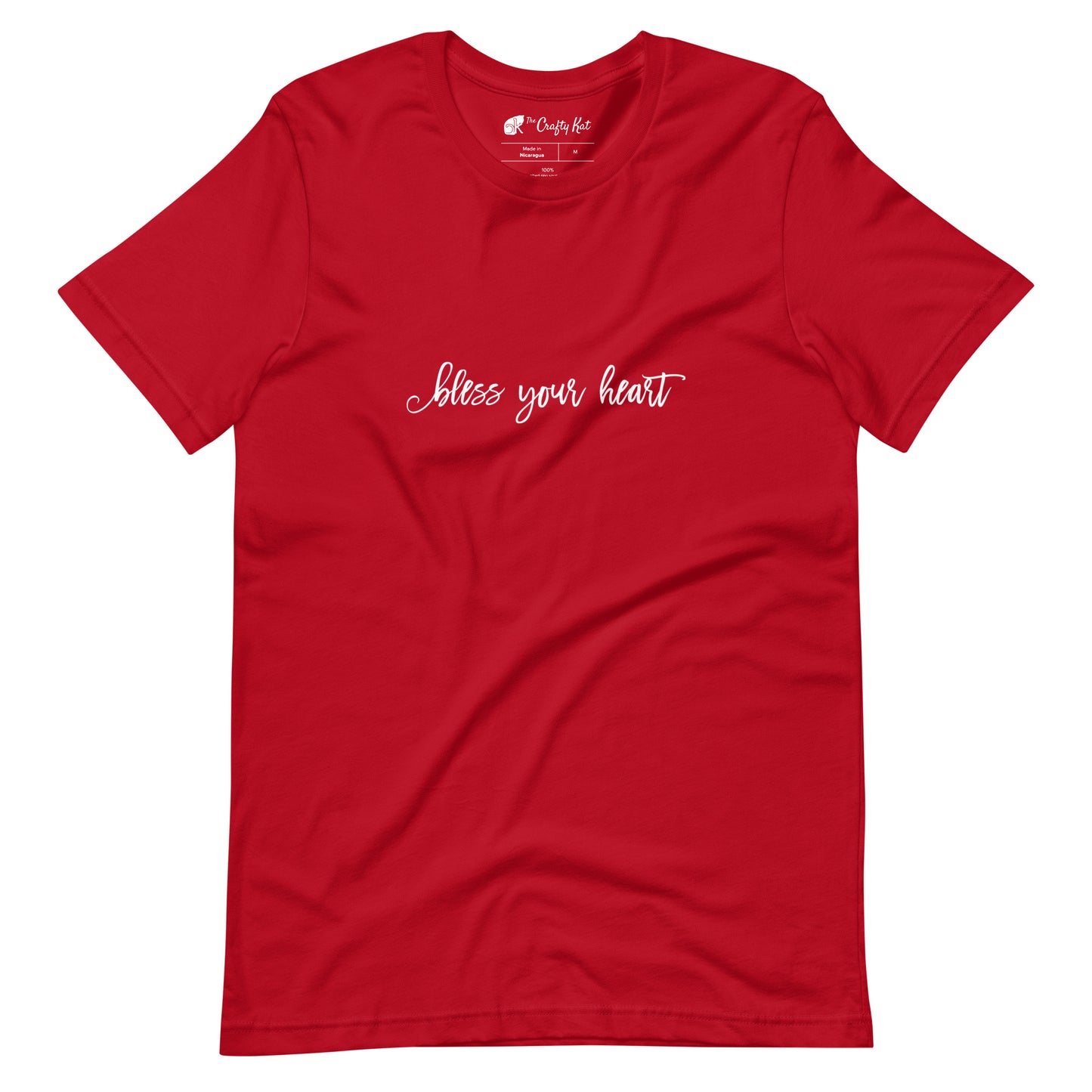 Red t-shirt with white graphic in an excessively twee font: "bless your heart"