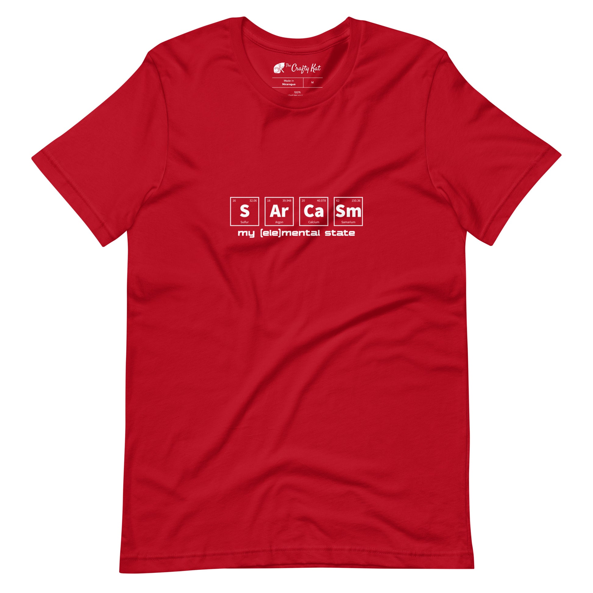 Red t-shirt with graphic of periodic table of elements symbols for Sulfur (S), Argon (Ar), Calcium (Ca), and Samarium (Sm) and text "my (ele)mental state"