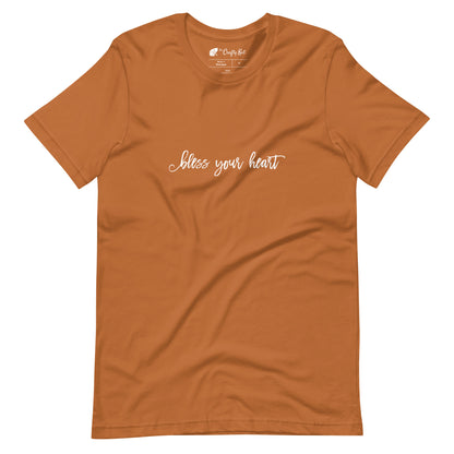 Toast (yellow orange) t-shirt with white graphic in an excessively twee font: "bless your heart"