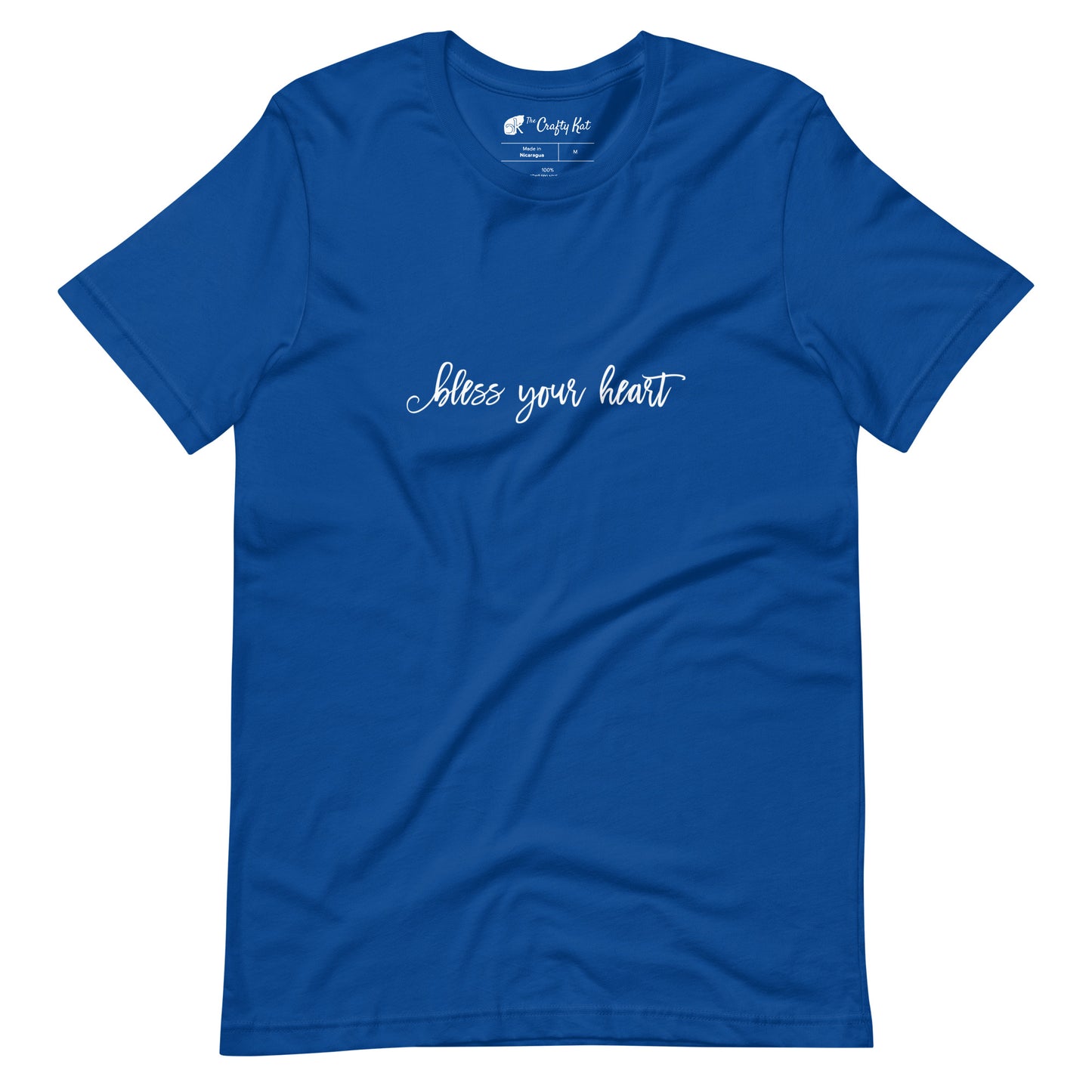 True Royal blue t-shirt with white graphic in an excessively twee font: "bless your heart"