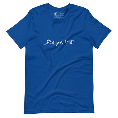 True Royal blue t-shirt with white graphic in an excessively twee font: "bless your heart"