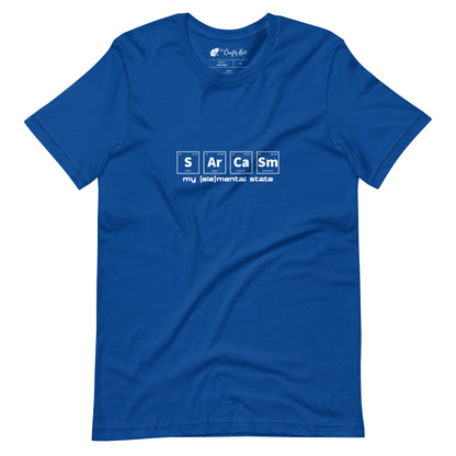 True Royal blue t-shirt with graphic of periodic table of elements symbols for Sulfur (S), Argon (Ar), Calcium (Ca), and Samarium (Sm) and text "my (ele)mental state"