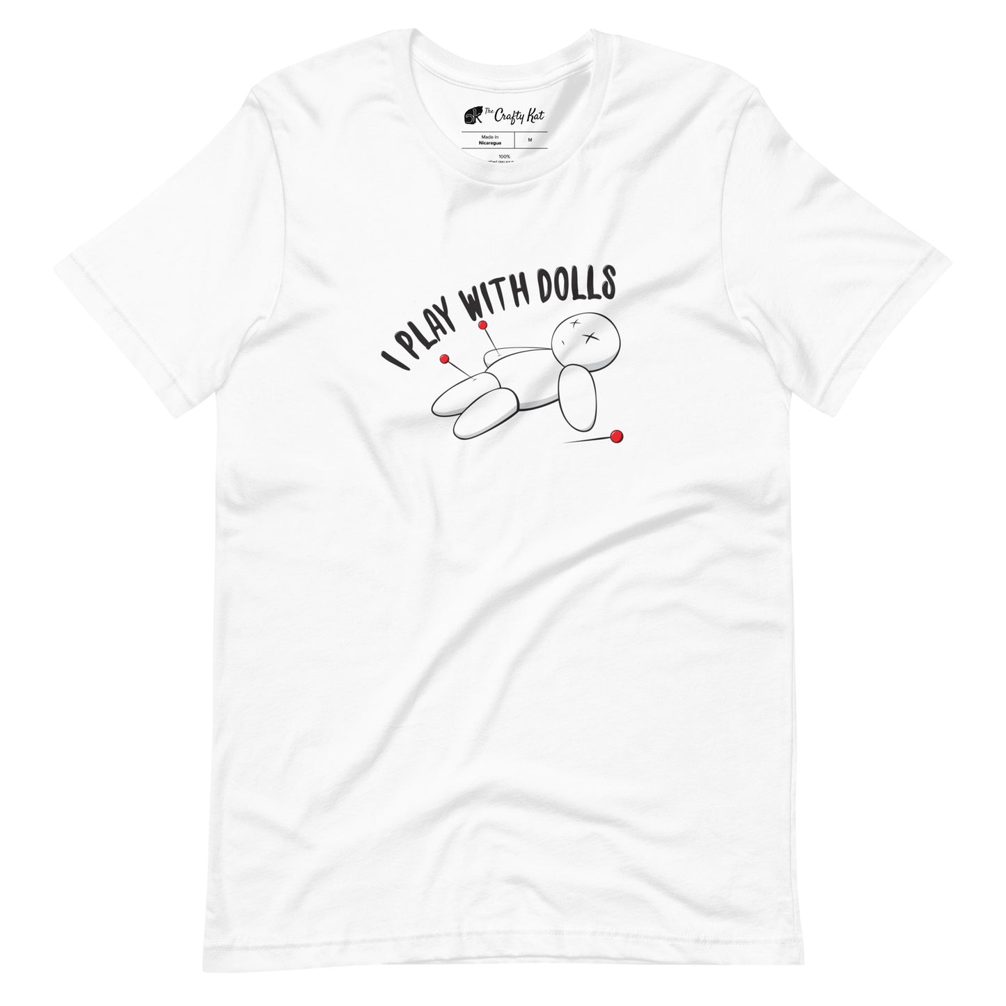 White t-shirt with graphic of white voodoo doll with Xs for eyes stuck with several pins and text "I PLAY WITH DOLLS"