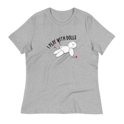 Athletic Heather grey women's relaxed fit t-shirt with graphic of white voodoo doll with Xs for eyes stuck with several pins and text "I PLAY WITH DOLLS"