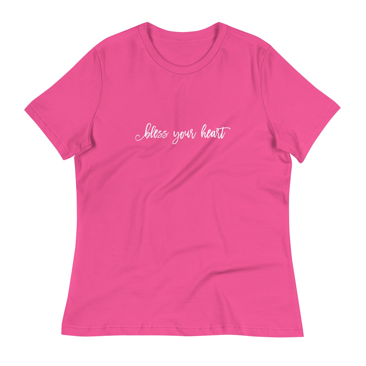 Berry (hot pink) women's relaxed fit t-shirt with white graphic in an excessively twee font: "bless your heart"