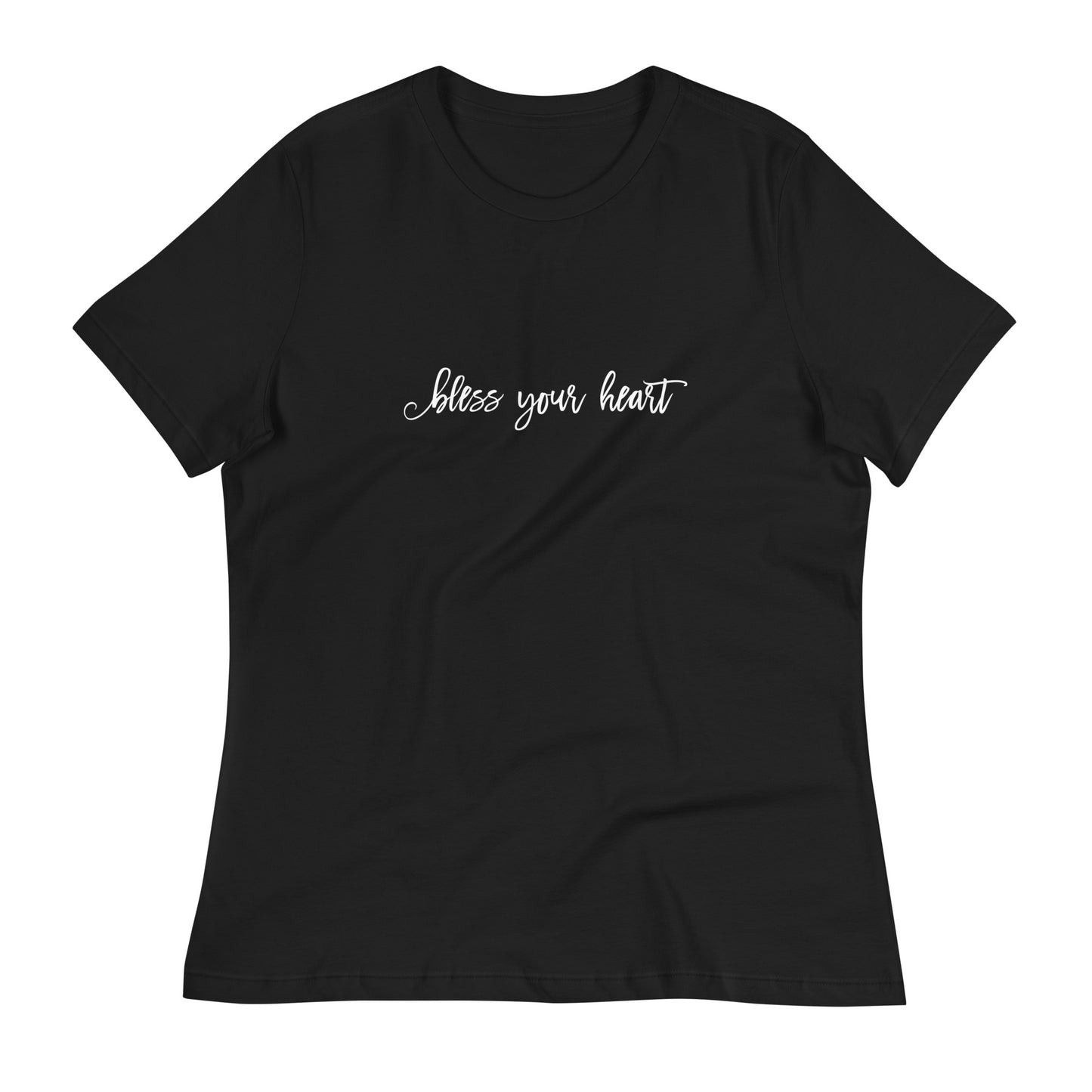 Black women's relaxed fit t-shirt with white graphic in an excessively twee font: "bless your heart"