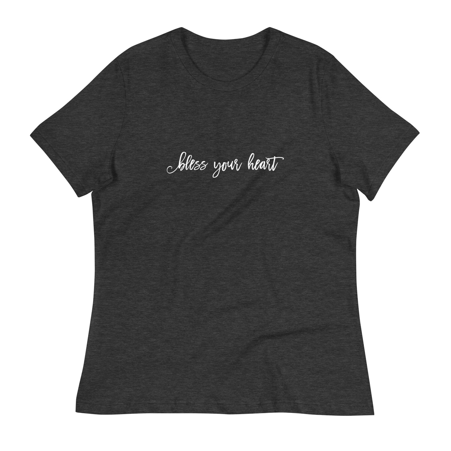 Dark Grey Heather women's relaxed fit t-shirt with white graphic in an excessively twee font: "bless your heart"
