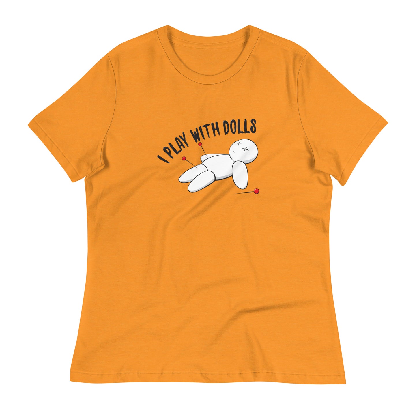 Marmalade (orange yellow) women's relaxed fit t-shirt with graphic of white voodoo doll with Xs for eyes stuck with several pins and text "I PLAY WITH DOLLS"
