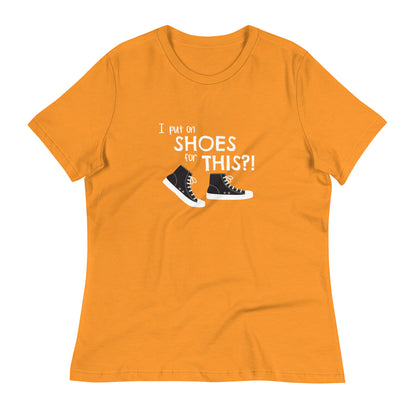 Heather Marmalade women's relaxed fit t-shirt with graphic of black and white canvas "chuck" sneakers and text: "I put on SHOES for THIS?!"
